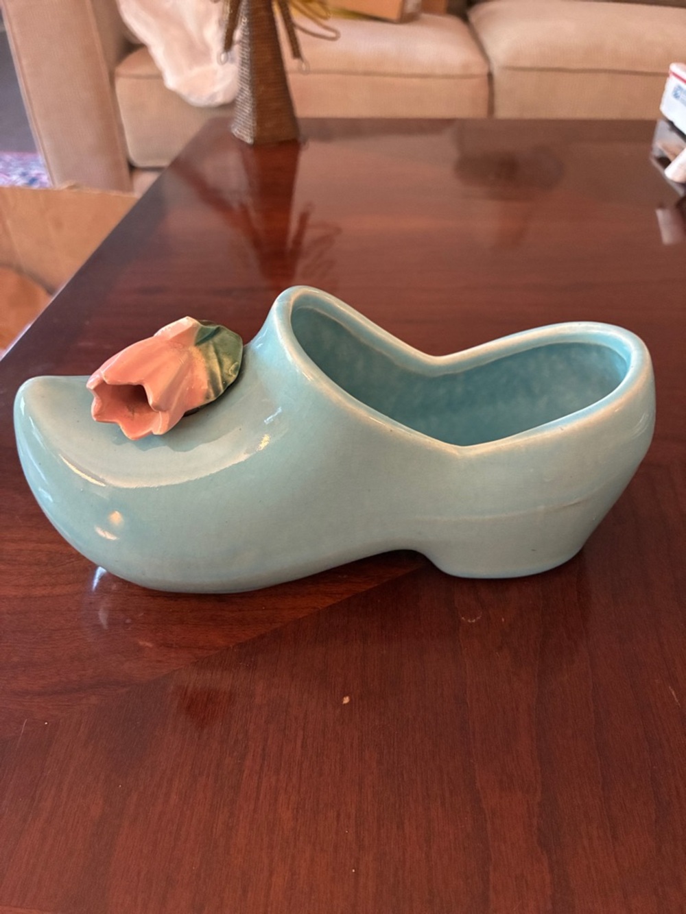 VTG McCoy Pottery blue Dutch Shoe Planter Pink tulip Floral Accent USA 1940s MCM